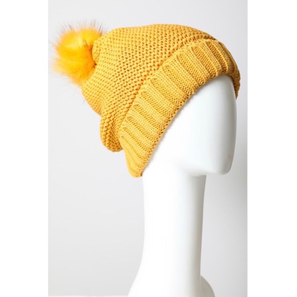 Mustard Pom Faux Sherpa Lined Knit Beanie - Picture 4 of 4